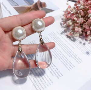 Gold plated pearl waterdrop shape exaggerate transparent big gemstone earring