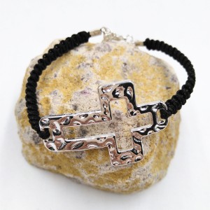 Newest Hollow Silver Plated Cross Black Handmade Braided Cord Adjustable Bracelet For Men Women