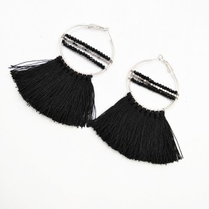 New Models Ladies Earring Black Silk Thread Tassel Beads Hoop Earrings