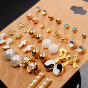 New Style Jewelry Women 20 Pairs Stud Earring Set Mixed Cross Bowknot Star Pearl Gold Jewelry Set