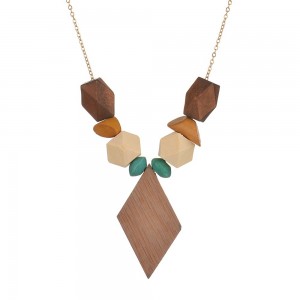 Wholesale New Design Wooden Necklace Women Gold Plated Geometric Wood Beads Necklace