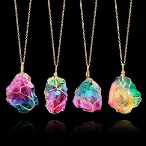 Rainbow Quartz Crystal Necklace Metallic Aura Quartz Stone Point Pendant Boho Style Necklace Women