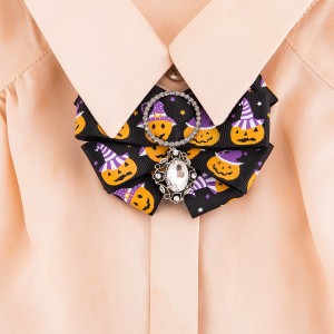 WENZHE Pumpkin Printed Ribbon Halloween Party Costume Decorations Crystal Rhinestone Bow Brooches