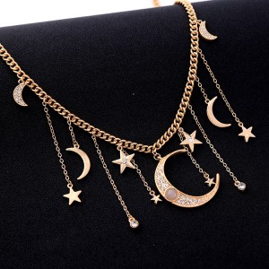 Newest Style Simple Women Tassel Crystal Moon Star Gold Choker Necklace