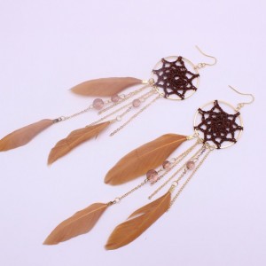 Handmade bohemia dreamcatcher long crystal bead tassels feather earrings