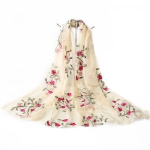 WENZHE 170*75cm Women Lightweight Pure color Embroidered Flower Scarf Chiffon Shawl