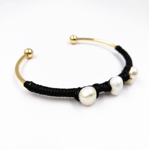 Newest Design Gold Plated Pearl Black Rope Wire Wrap Cuff Bracelet
