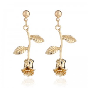 Fashion Zinc Alloy Rose Flowers Drop Earrings 18K Gold Plated Metal Flower Dangle Earrings