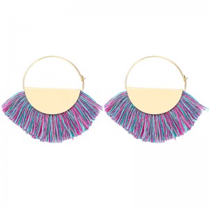 New Arrival Gold Plated Bohemian Handmade Fan Shape Thread Tassel Drop Hoop Earrings