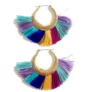 Europe Trend Braided Silk Tassel Gold Tone Pure Handmade Boho Fan Earrings