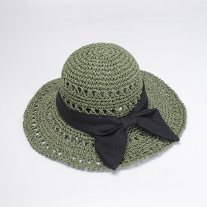 WENZHE Handmade Wide Brim Straw Hat With Big Black Bow
