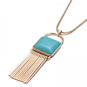 Fashion Ethnic Style Gold Plated Turquoise Tassel Pendant Long Chain Necklace