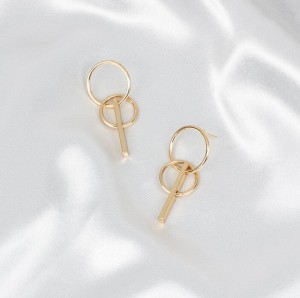 Golden earring with double circles and bar girl gift simple geometric earring