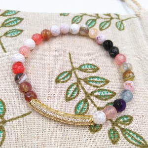 Handmade Gold Crystal Inset Beads Multicolor Natural Agate Stone Beads Bracelet