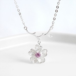 S925 Sterling Silver Clavicle Chain With Single Diamond Sakura Pendant Necklace Female