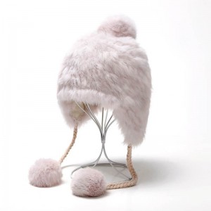 WENZHE Ladies Winter Rabit Fur Earflap Hats With Fur Pompom Balls For Women