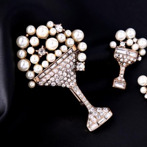 Bridal Brooch Pin Wineglass Goblet Rhinestone Pearl Spring Brooch High Quality