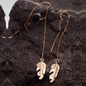 Metal Feather Earring Gold Chain Wire Dangle Tassel Elegant Jewelry