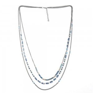WENZHE New Style Women Multilayer Silver Chain Blue Beaded Necklace