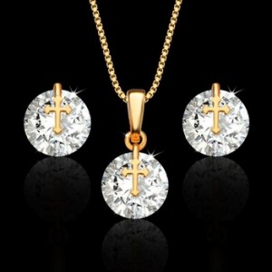 New style gold cross copper plated 18K gold zircon earrings necklace two-piece women’s jewelry set