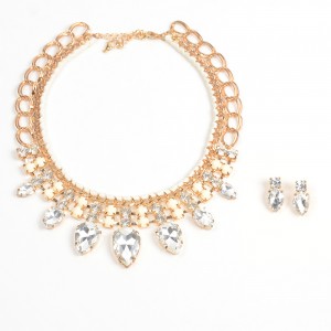 WENZHE Gold Plated Big Rhinestone Necklace Earring Bridal Jewelry Sets