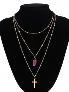 Fashion Multilayer Natural Crystal Stone Gold Cross Necklace Wholesale