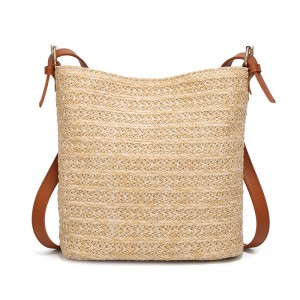 WENZHE Women Daily Shoulder Bag Beach Tote Bag Leather Shoulder Strap Straw Bucket Handbag
