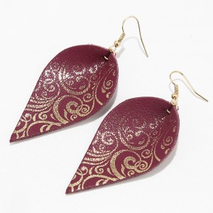 European and American Multicolor Gold Plated Genuine Leather Leaf Earrings