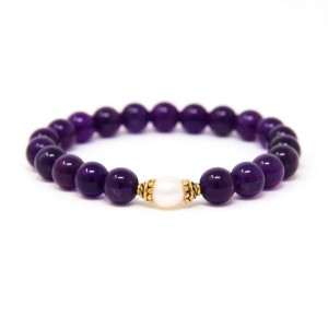 Buddhist Mala Bracelet, Yoga Bead Bracelet, Spiritual Jewelry, Amethyst & Freshwater Pearl – Healing, Emotional Balance, Spirituality