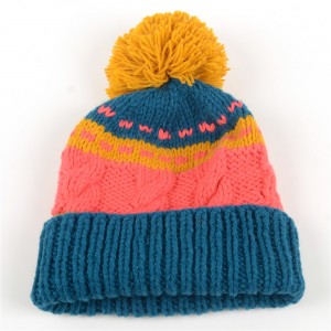 WENZHE Simple Multicolor Knit Pompom Winter Cuffed Beanie Hat for Women