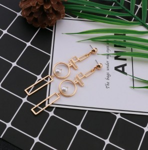Gold 24k jewelry design hollow geometry pearl long earrings for women
