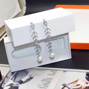 Full crystal fish bones shape long silver earring designs pearl jewelry